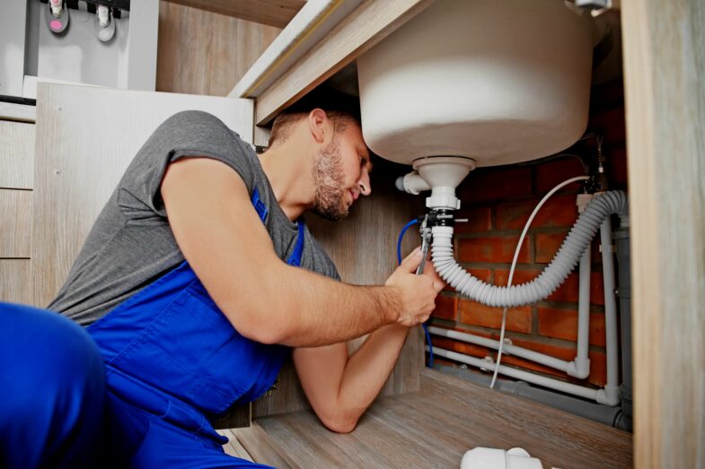 Professional plumber in uniform fixing sink indoors